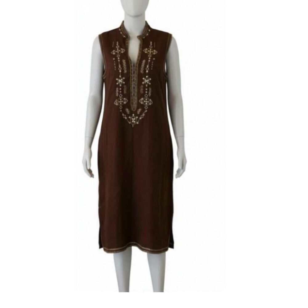 Carole Little Brown Boho Beaded Embellished Embroidered Midi Shift Dress 14
